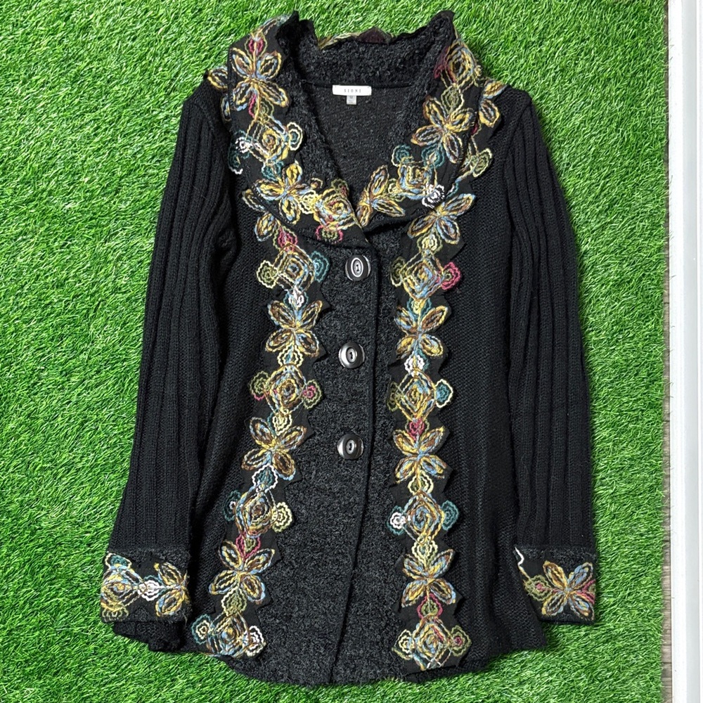 Sioni Black Sweater with Multicolor Embroidery